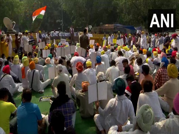 A visual from the protest of AAP's Punjab unit at Jantar Mantar on Monday. Photo/ANI