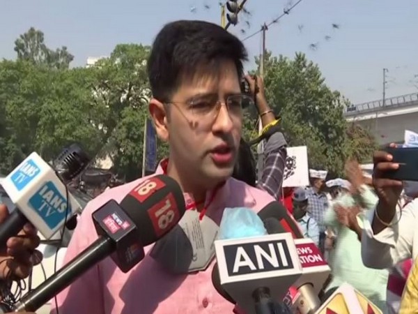 Aam Aadmi Party (AAP) MLA Raghav Chadha speaking to reporters in New Delhi on Monday. Photo/ANI