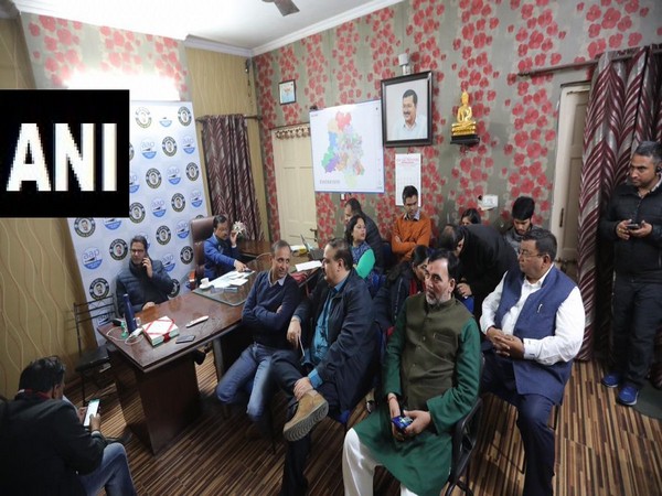 Delhi CM Arvind Kejriwal and other AAP leaders at party office in New Delhi on Tuesday. Photo/ANI