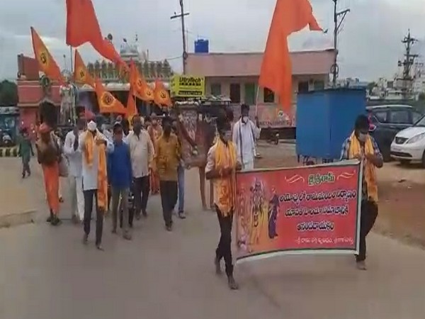 RSS members celebrating foundation laying ceremony of Ayodhya's Ram temple in Chittoor on Wednesday. (Photo/ANI)