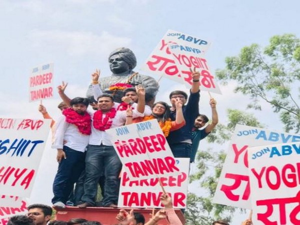 ABVP's Pradeep Tanwar, Akshit Dahiya, and Shivangi Kherwal (from left to right) on Friday in Delhi. Photo/ABVP twitter handle