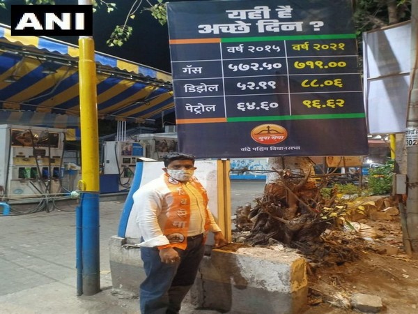 Mumbai: Yuva Sena, the youth wing of Shiv Sena puts up banners stating 'Yahi hai acche din?' at various petrol pumps and roadside in Bandra West.