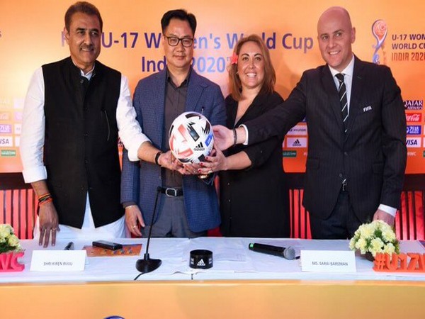 Praful Patel, Kiren Rijiju, Sarai Bareman, and Roberto Grassi (from L-R) (Photo/Indian Football Team Twitter)