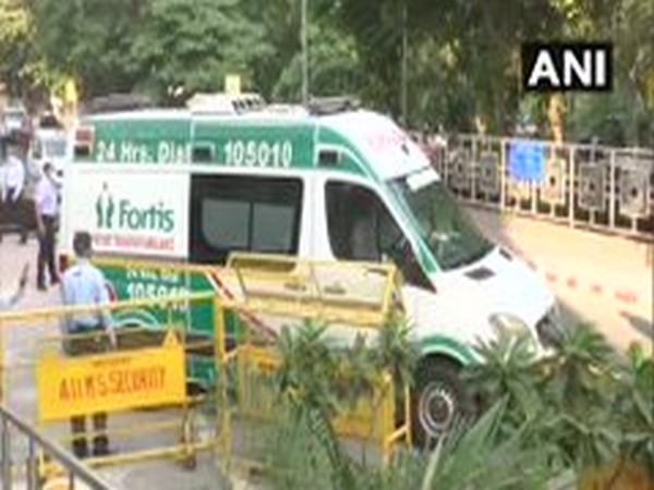 Vehicle carrying mortal remains of Union Minister Ram Vilas Paswan being carried to his residence from AIIMS, New Delhi on Friday. Photo/ANI