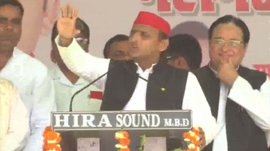 SP leader Akhilesh Yadav speaking at an election rally in Muradabad on Monday. Photo/ANI