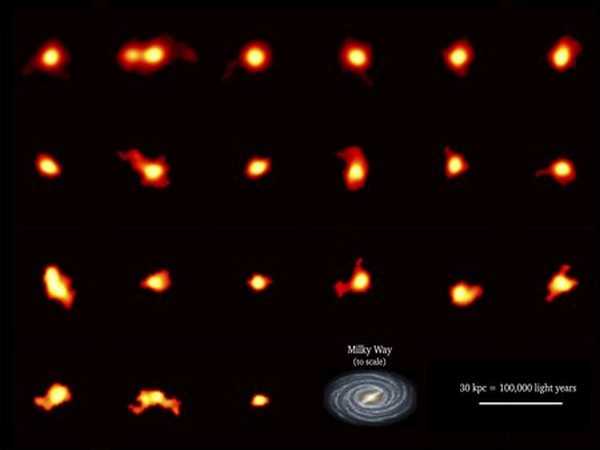 The  collage of 21 galaxies imaged by the ALPINE survey (Image Source: Michele Ginolfi (ALPINE collaboration); ALMA(ESO/NAOJ/NRAO); NASA/JPL-Caltech/R. Hurt (IPAC)