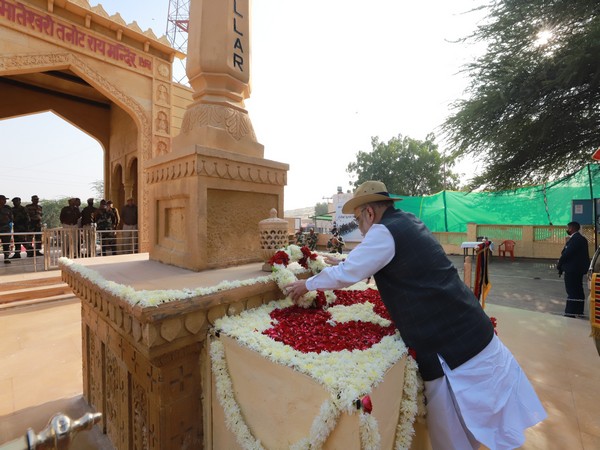 Union Home Minister Amit Shah paying floral tribute at 'Tanot Vijay Stambh' (Photo/ANI)