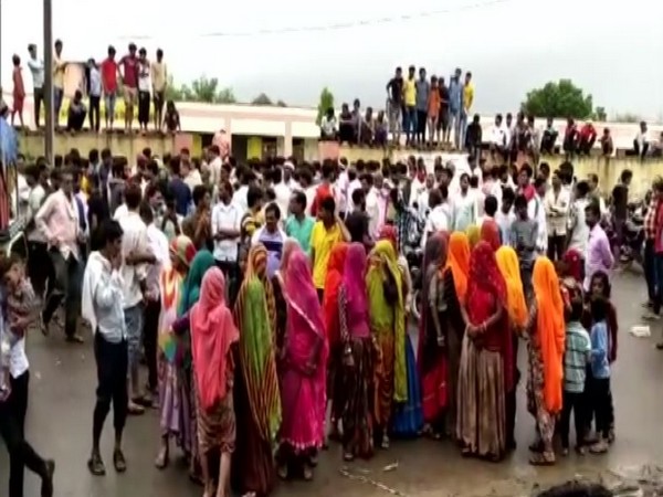 Visual of villagers blocking the area after a government school teacher allegedly molested girls in Rajasthan (Photo/ANI)