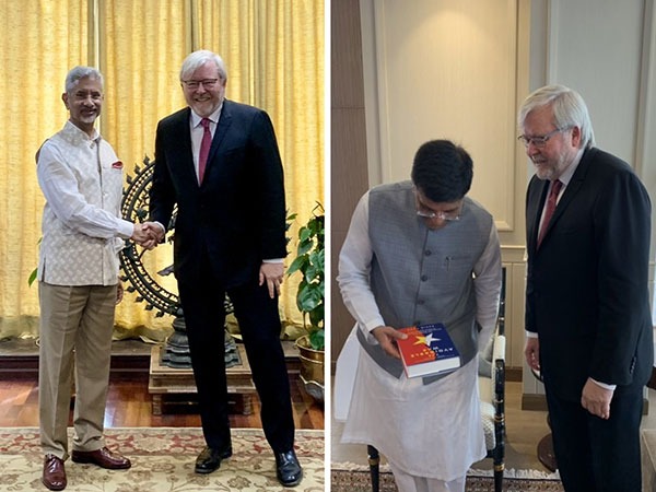 Former Australian PM Kevin Rudd with EAM S Jaishankar and Union Commerce Minister Piyush Goyal. (Twitter)