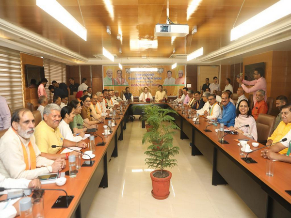 BJP national president JP Nadda chairs a meeting with the party's state office bearers and district president, in Panchkula. (Photo/ANI)