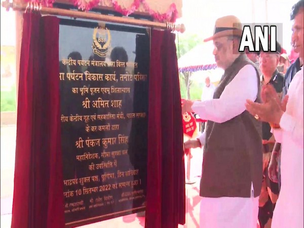 Union Home Minister Amit Shah lays the foundation stone of Tanot Temple Complex Project in Jaisalmer. (Photo/ANI)