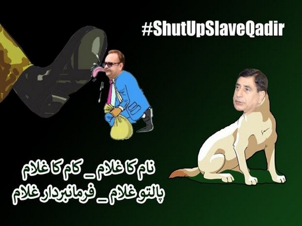 Tanveer Ilyas licking military boot with a bag of money and Shah Ghulam Qadir shown as a pet dog.
