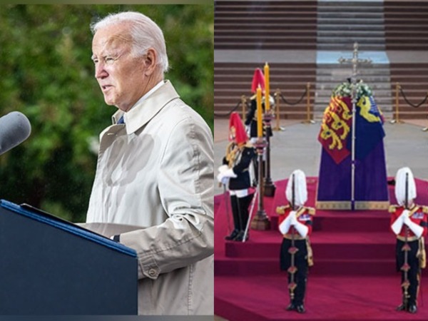 US President Joe Biden and Queen Elizabeth's coffin.