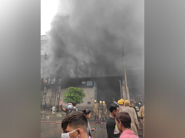 Visual of the footwear manufacturing factory in Narela that caught fire (Photo/ANI)