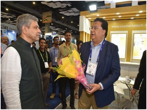 Vivek Nagpal, founder, Rosmerta Group, welcomes Ashwini Vaishnaw, telecom minister, at the 6th India Mobile Congress, in New Delhi on Sunday.