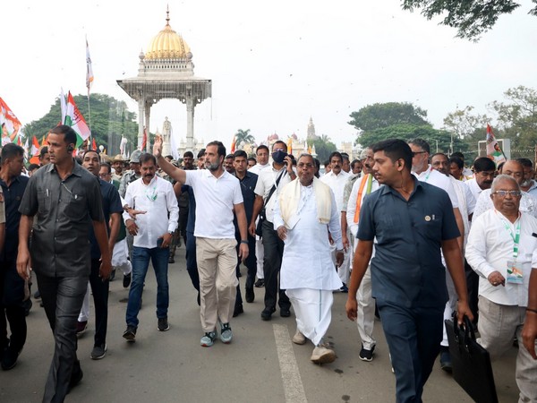 Congress leader Rahul Gandhi with Siddaramaiah during the party's Bharat Jodo Yatra in Mysuru on Monday. (Photo/ANI)