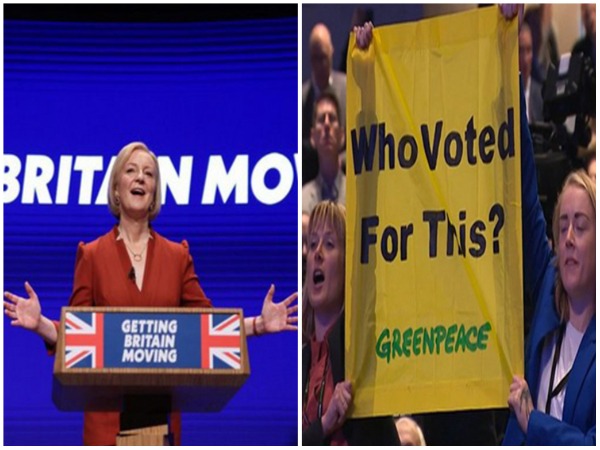 Liz Truss's speech disrupted by environment activists (Photo Credit: Twitter)
