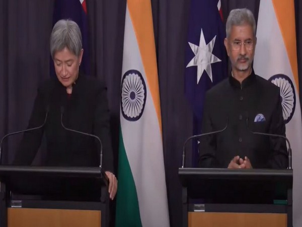 Australian Foreign Minister Penny Wong holding a press conference along with External Affairs Minister S Jaishankar on Monday. 