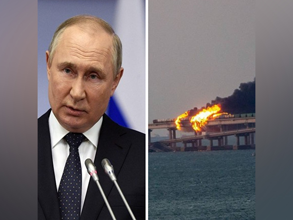 Russian President Vladimir Putin and Crimea bridge on fire