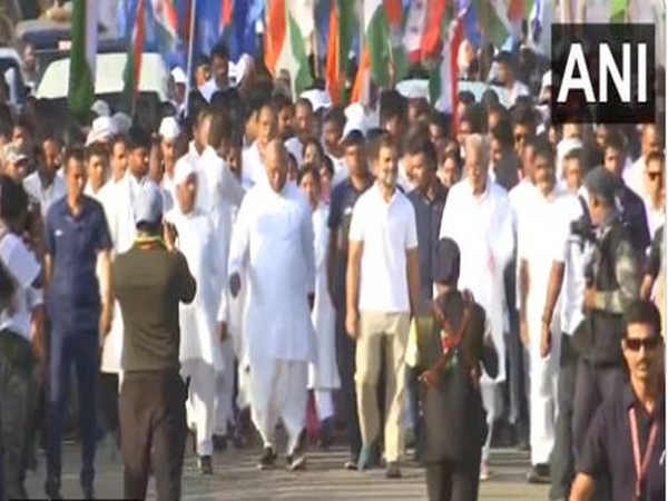 Mallikarjun Kharge, Rahul Gandhi and Chhattisgarh CM Bhupesh Baghel along with party workers during Bharat Jodo yatra in Andhra Pradesh on Saturday. (ANI/photo)