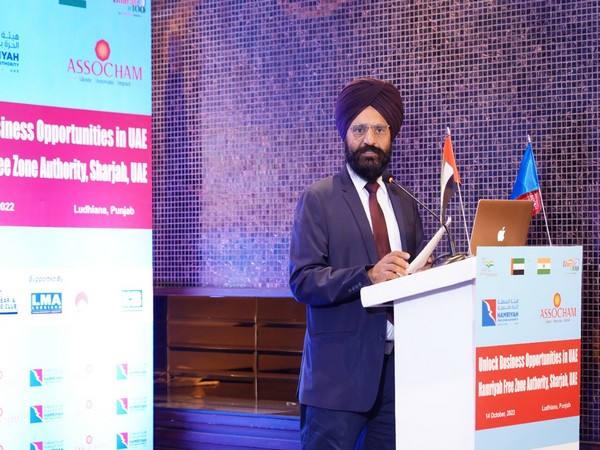 An entrepreneur addresses an interactive session organised in Ludhiana on 'Unlocking Business Opportunities in UAE through Hamriyah Free Zone' to promote exports from Punjab to UAE.