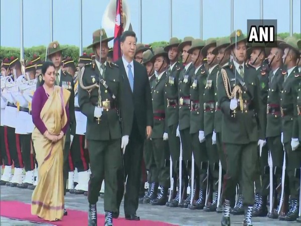 Chinese President Xi Jinping in Kathmandu, received by Nepal President Bidhya Devi Bhandari. (ANI)
