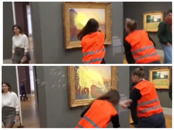 Climate protestors throwing mashed potatoes at Monet's painting.