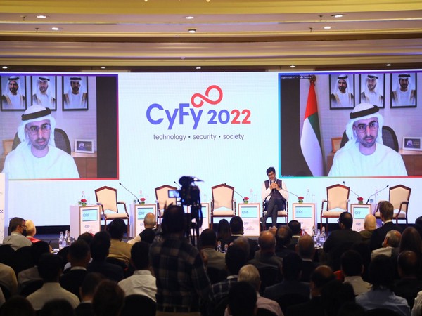 UAE MoS for Artificial Intelligence Omar Sultan Al Olama during the virtual speech at CyFY2022 on Wednesday. (Photo: Twitter/@orfgeotech)