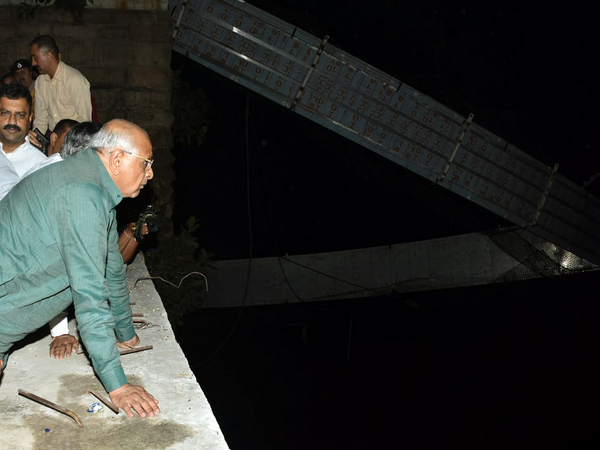 Gujarat Chief Minister Bhupendra Patel visits the cable bridge collapse site to inspect the rescue and relief operations, in Morbi on Sunday. (ANI Photo)