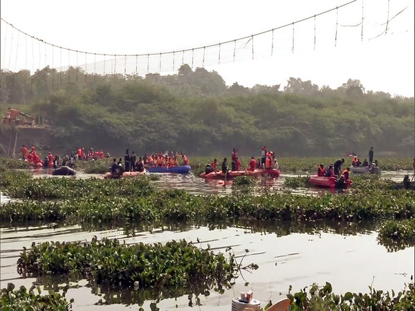 A rescue operation underway after a cable bridge collapsed in the Machchhu river, in Morbi on Monday. Over 134 casualties were reported in the incident. (ANI Photo)