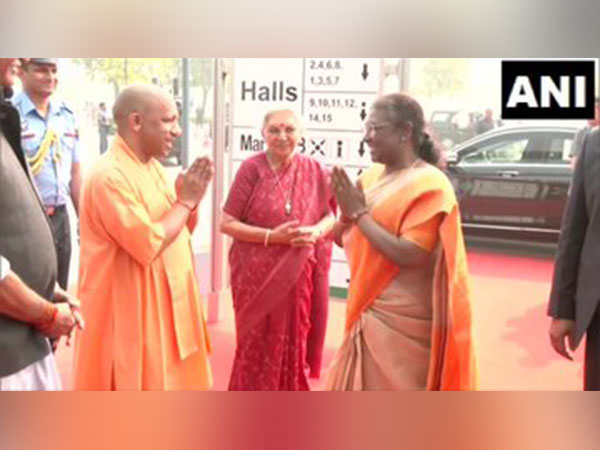 President Droupadi Murmu who arrives in Greater Noida for the inauguration of the India Water Week (Photo/ANI)