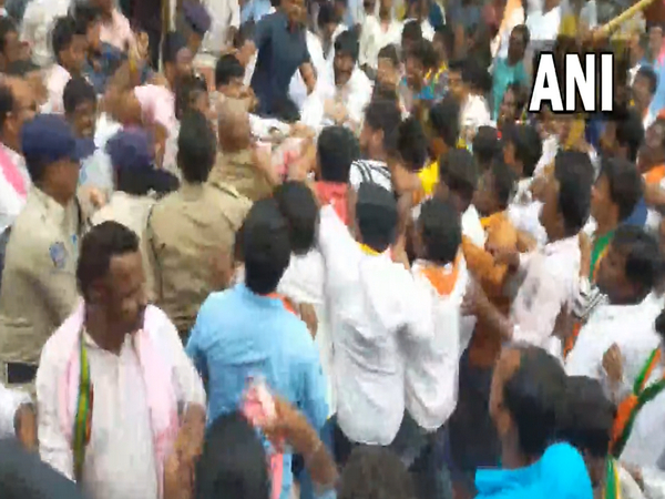 Visual of clash between TRS and BJP workers (Photo/ANI) 