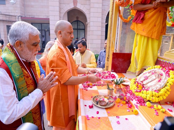 Chief Minister Yogi Adityanath performs 'Shri Ram Charan Paduka Pujan' in Lucknow. (ANI/Photo)