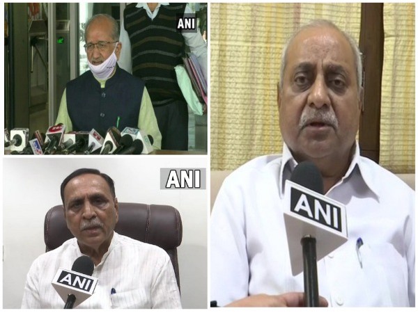 (From left to right) MLA Bhupendrasinh Chudasama, former Gujarat Deputy Chief Minister Nitin Patel and former Gujarat Chief Minister Vijay Rupani (Photo/ANI)