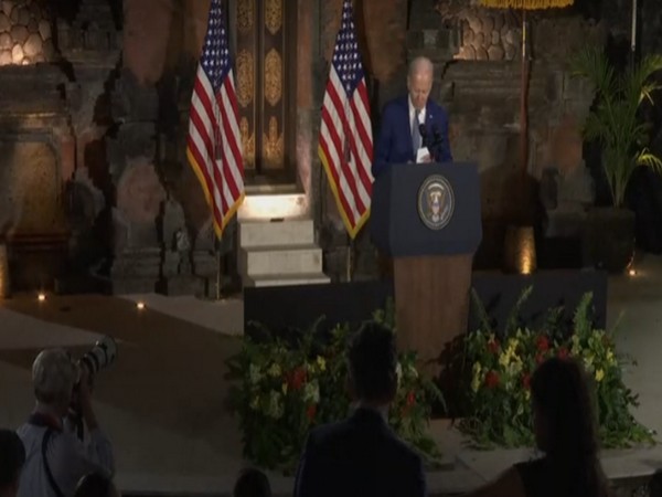 US President Joe Biden delivering comments to media in Bali.