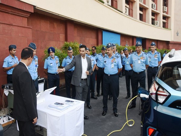 Chief of the Air Staff Air Chief Marshal VR Chaudhari (centre) during the flag-off ceremony of electric vehicles on Tuesday (Photo/ANI)