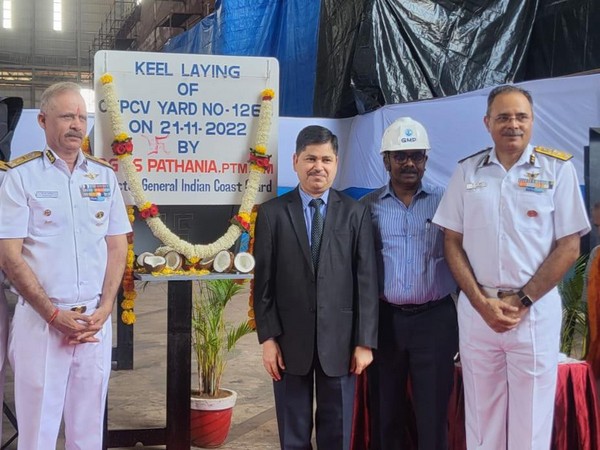 Indian Coast Guard chief VS Pathania and Goa Shipyard's CMD Brajesh Kumar Upadhyay at the keel-laying ceremony for two pollution control vessels (Image Courtesy: Indian Coast Guard)