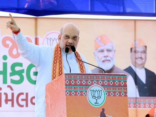 Union Home Minister Amit Shah addresses a public meeting for the upcoming Gujarat assembly elections, at Jhalod, in Dahod on Friday. (ANI Photo)