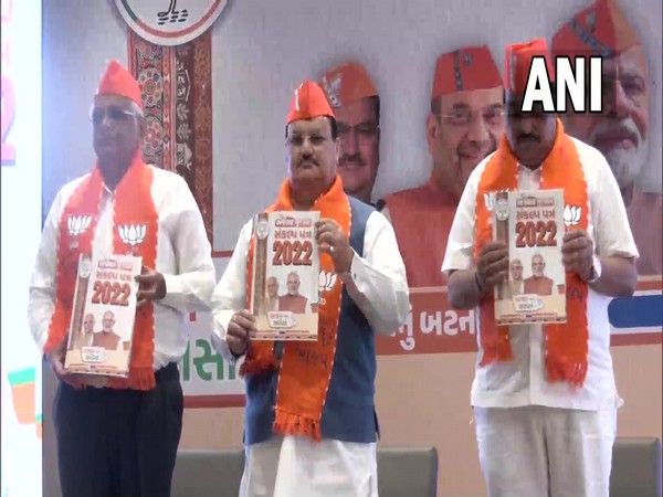 Gujarat CM Bhupendra Patel (left), BJP national president JP Nadda (centre), state party president CR Paatil (right) on BJP manifesto release day (Photo/ANI)
