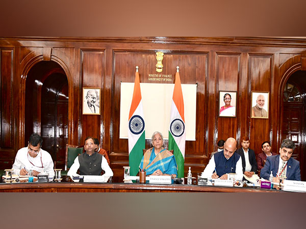 Finance Minister Nirmala Sitharaman during the meeting with stakeholders of labour organisations on Monday (Photo: Twitter @FinMinIndia)   