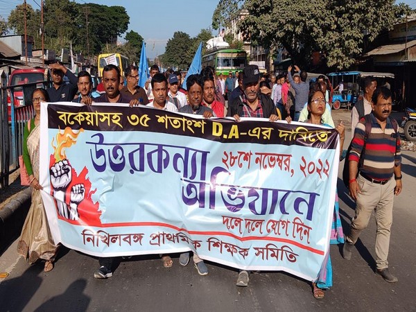 Visuals of protest march by primary school teachers in Siliguri (Photo/ANI)