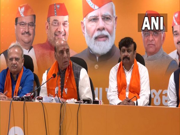 Defence Minister Rajnath Singh at a press conferennce in Ahmedabad, Gujarat.