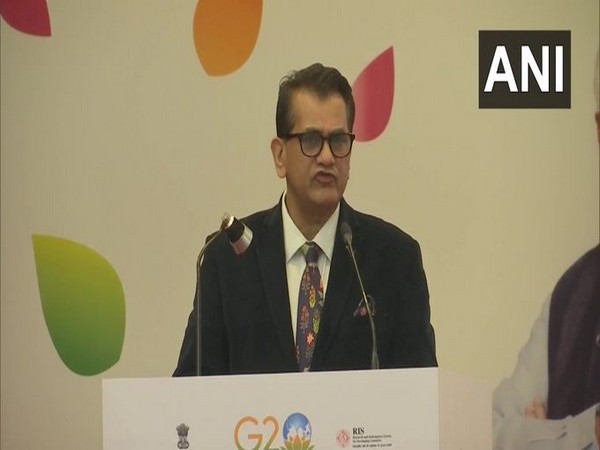 G-20 Sherpa Amitabh Kant speaking at the G20 University Connect - Engaging Young Minds event held at Sushma Swaraj Bhawan in New Delhi.
