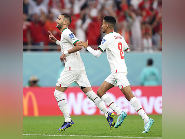 Hakim Ziyech celebrates after scoring for Morocco against Canada (Image: FIFA World Cup Twitter)