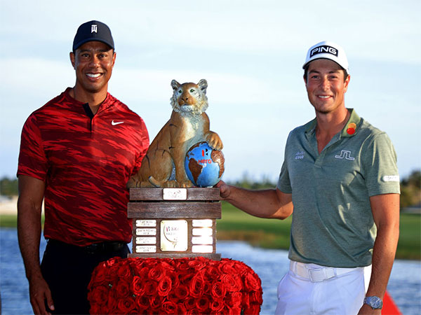 Defending Champion Viktor Hovland with Tiger Woods ahead of World Challenge (Image: PGA Tour)