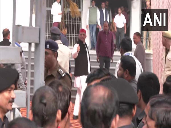 SP chief Akhilesh yadav at polling booth in Etawah (Photo/ANI)