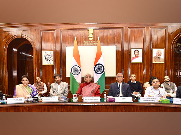Union Finance Minister Nirmala Sitharaman (centre) during the review meeting on Tuesday. (Photo/@FinMinIndia)