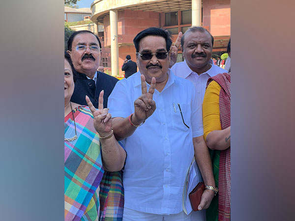 BJP Gujarat state unit president CR Paatil flashes a victory sign after attending the party's Parliamentary party meeting. (ANI Photo)