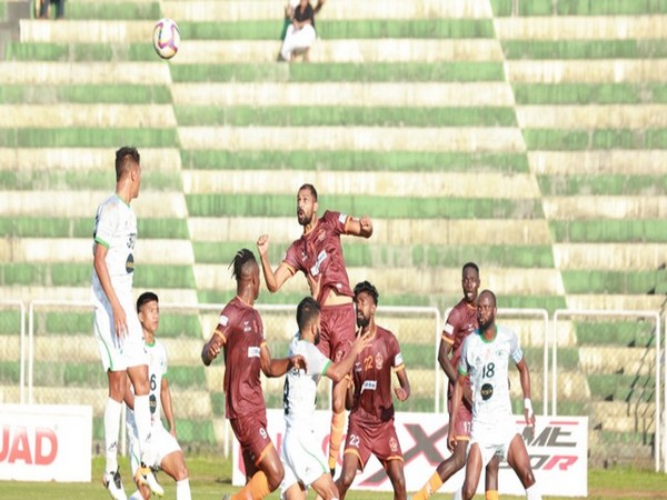 Players of Gokulam and NEROCA vie for the ball during the match on Thursday. (Photo- I League)
