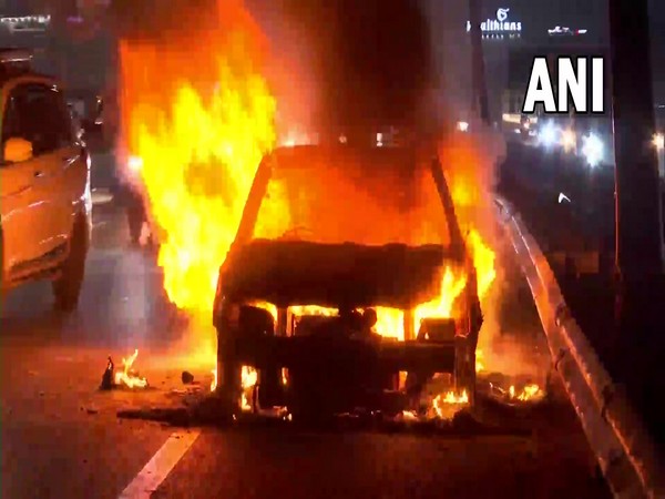 Visula of the car engulfed in flames at Rajokri border (Photo/ANI)